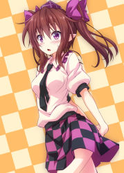 Rule 34 | 1girl, blush, bow, brown hair, checkered clothes, checkered skirt, hair bow, hat, highres, himekaidou hatate, necktie, open mouth, oubou, purple eyes, skirt, solo, sweatdrop, tokin hat, touhou, twintails