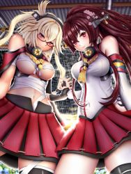 Rule 34 | 10s, 2girls, bandages, bare shoulders, black legwear, blonde hair, breasts, budget sarashi, cherry blossoms, cowboy shot, dark skin, dark-skinned female, elbow gloves, fingerless gloves, flower, from below, glasses, gloves, hair flower, hair ornament, holding hands, headgear, highres, interlocked fingers, kantai collection, large breasts, light smile, long hair, looking at viewer, looking down, miniskirt, multiple girls, musashi (kancolle), navel, outdoors, pleated skirt, pointy hair, ponytail, rain, red eyes, red hair, redoredo (godprogress), sarashi, short hair, single thighhigh, skirt, smile, sunlight, thighhighs, two side up, underboob, upper body, yamato (kancolle)