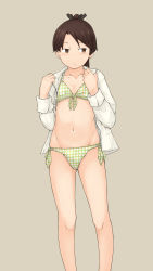 Rule 34 | 1girl, bikini, brown eyes, brown hair, chagamaka, collarbone, dress shirt, feet out of frame, flat chest, front-tie top, gingham bikini, green bikini, grey background, highres, kantai collection, looking at viewer, open clothes, open shirt, ponytail, shikinami (kancolle), shirt, short hair, side-tie bikini bottom, simple background, solo, standing, swimsuit, white shirt