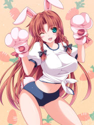 Rule 34 | 1girl, :d, alternate costume, animal ears, animal hands, aqua eyes, bare legs, blush, blush stickers, bow, braid, breasts, buruma, carrot, female focus, gloves, green eyes, gym uniform, hair bow, highres, hong meiling, kemonomimi mode, large breasts, long hair, midriff, monety, navel, one eye closed, open mouth, paw gloves, rabbit ears, rabbit tail, red hair, shirt, smile, solo, tail, tied shirt, touhou, twin braids, very long hair, wink