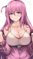 Rule 34 | 1girl, bare shoulders, blue eyes, blush, bocchi the rock!, breasts, cleavage, closed mouth, collarbone, cube hair ornament, embarrassed, gotoh hitori, hair between eyes, hair ornament, highres, jacket, kanzaki kureha, large breasts, long hair, looking at viewer, one side up, open clothes, open jacket, pink hair, pink jacket, pink track suit, solo, sweat, tank top, track jacket, undressing, white tank top