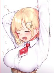 Rule 34 | 1girl, arms up, blonde hair, blue eyes, blush, breasts, collared shirt, hair ornament, high-waist skirt, highres, hololive, hololive english, large breasts, long sleeves, necktie, one eye closed, open mouth, plaid, plaid skirt, red necktie, shirt, short necktie, simple background, skirt, solo, tears, teeth, teriibol, trembling, virtual youtuber, watson amelia, watson amelia (1st costume), white background, white shirt, yawning