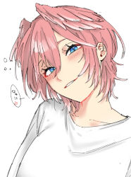 Rule 34 | 1girl, alternate costume, blue eyes, blush, breasts, casual, commentary, eyelashes, eyeshadow, hair between eyes, head wings, hololive, karakr shin, looking at viewer, makeup, medium breasts, parted lips, pink hair, red eyeshadow, shirt, short hair, simple background, smile, solo, speech bubble, symbol-only commentary, t-shirt, takane lui, translated, upper body, virtual youtuber, white background, white shirt, wings