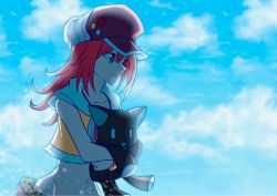 Rule 34 | 1girl, blue sky, cabbie hat, closed mouth, cloud, day, female focus, hat, holding, holding stuffed toy, jacket, medium hair, midriff, misaki shiki, nyantan, outdoors, red eyes, red hair, sky, smile, solo, stuffed animal, stuffed cat, stuffed toy, subarashiki kono sekai, wristband, yellow jacket