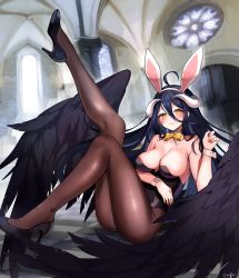 Rule 34 | 1girl, absurdres, ahoge, albedo (overlord), animal ears, arm under breasts, bare arms, bare shoulders, black footwear, black hair, black leotard, black wings, bow, bowtie, breasts, brown pantyhose, cleavage, closed mouth, collar, commentary, fake animal ears, feathered wings, full body, hair between eyes, hand up, high heels, highres, horns, indoors, leg up, legs, leotard, long hair, looking at viewer, medium breasts, overlord (maruyama), pantyhose, playboy bunny, rabbit ears, sidelocks, smile, solo, strapless, strapless leotard, twitter username, white collar, wings, wrist cuffs, yellow bow, yellow bowtie, yellow eyes, yuniiho