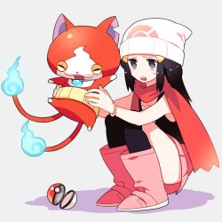 Rule 34 | 10s, 1girl, beanie, black hair, boots, cat, creatures (company), dawn (pokemon), flame-tipped tail, full body, game freak, gum (gmng), hair ornament, hairclip, haramaki, hat, jibanyan, multiple tails, nintendo, notched ear, open poke ball, pink footwear, poke ball, poke ball (basic), pokemon, red scarf, scarf, skirt, tail, two tails, traditional youkai, youkai watch