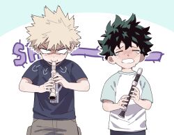 Rule 34 | 2boys, aged down, bakugou katsuki, black shirt, blank eyes, blonde hair, boku no hero academia, child, closed eyes, closed mouth, commentary request, crying, flute, freckles, green hair, highres, holding, holding flute, holding instrument, instrument, jessiejjjj, male focus, midoriya izuku, multiple boys, music, open mouth, playing instrument, raglan sleeves, recorder, shirt, short hair, short sleeves, simple background, spiked hair, t-shirt, tears, white background, white shirt