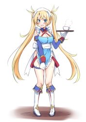 Rule 34 | 1girl, apron, apron pull, bare shoulders, blonde hair, blue apron, blue collar, blue eyes, blush, boots, bradamante (fate), bradamante (first ascension) (fate), braid, breasts, cleavage, clothes pull, collar, commentary request, cup, detached sleeves, embarrassed, fate/grand order, fate (series), frilled apron, frills, frown, full body, gloves, groin, hand up, headdress, holding, holding tray, knee boots, large breasts, legs apart, long hair, long sleeves, looking at viewer, maid apron, open mouth, oyaji-sou, pigeon-toed, ribbon, shadow, sidelocks, solo, standing, steam, sweatdrop, teacup, thigh strap, thighs, tray, twintails, very long hair, wavy mouth, white background, white footwear, white gloves, white ribbon