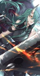 Rule 34 | 1girl, arknights, arm ribbon, arm scarf, bare shoulders, clenched teeth, clothes around waist, commentary request, dragon horns, fighting, green eyes, green hair, hair over one eye, highres, holding, holding shield, horns, hoshiguma (arknights), jacket, jacket around waist, loalo, long hair, pale skin, ribbon, shield, shirt, shirt around waist, single horn, skin-covered horns, solo, sweat, teeth