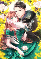 Rule 34 | 1boy, 1girl, absurdres, araragi soushi, black hair, blush, brown hair, dress, eye contact, flower, formal, fur trim, gloves, green dress, green eyes, grey suit, hair flower, hair ornament, hetero, highres, holding, holding flower, jewelry, lipstick, long hair, long sleeves, looking at another, looking at viewer, makeup, medal, necklace, official art, original, parted lips, purple eyes, short hair, suit, very long hair, white background, white gloves, wristband