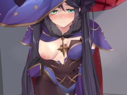 Rule 34 | 1girl, black hair, blue leotard, blush, breasts, cape, fuurin restia, genshin impact, green eyes, hat, leotard, long hair, looking at viewer, medium breasts, mona (genshin impact), nipples, one breast out, pantyhose, purple cape, solo, torn clothes, twintails, witch hat