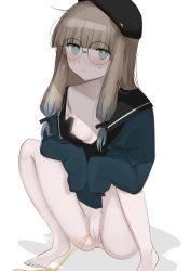 Rule 34 | 1girl, 9a, absurdres, blonde hair, blue eyes, bottomless, breasts, fate/grand order, fate (series), glasses, highres, looking at viewer, nemo (fate), nipples, peeing, professor nemo (fate), pussy, small breasts, solo, squatting, uncensored, white background