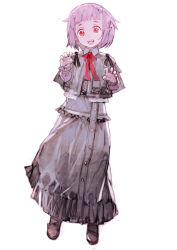 Rule 34 | 1girl, :d, black skirt, brown footwear, capelet, claw pose, full body, highres, horns, long skirt, long sleeves, looking at viewer, neck ribbon, oni, open mouth, original, pointy ears, purple hair, red eyes, red ribbon, ribbon, shirt, shoes, short hair, simple background, skirt, smile, solo, standing, teeth, toi8, upper teeth only, white background