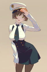 Rule 34 | 1girl, arm up, black dress, breasts, brown hair, collared shirt, cowboy shot, dress, earrings, green eyes, hand on own hip, hand on own thigh, hat, highres, jewelry, long sleeves, looking at viewer, medium breasts, necktie, open mouth, original, pantyhose, peaked cap, salute, shirt, short hair, simple background, skirt, sleeves past wrists, smile, solo, stud earrings, suspender skirt, suspenders, tie clip, timbougami, underbust, white hat, white shirt