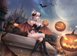 Rule 34 | 1girl, absurdres, bad id, bad pixiv id, bare shoulders, black cat, boots, breasts, cat, character request, commission, crossed legs, demon girl, demon horns, demon wings, dungeon and fighter, floating, floating object, full moon, gloves, grey hair, halloween, hat, heart, heart tattoo, highres, horns, jack-o&#039;-lantern, kie (wylee2212), large breasts, long hair, medium breasts, moon, night, night sky, no bra, outdoors, revealing clothes, sitting, sky, tattoo, thigh boots, thighhighs, wings, witch hat