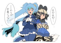 Rule 34 | 10s, 2girls, animal ears, aqua eyes, aqua hair, baseball jersey, black hair, blue legwear, blue skirt, breasts, character request, chunichi dragons, commentary request, cropped legs, crossed arms, dog ears, dog tail, fist in hand, gloves, hands up, jersey, kemono friends, large breasts, layered sleeves, light brown hair, long hair, long sleeves, looking at viewer, miniskirt, multicolored hair, multiple girls, necktie, nippon professional baseball, nishiki kazue, open mouth, pantyhose, pleated skirt, seiryuu (kemono friends), short over long sleeves, short sleeves, skirt, speech bubble, standing, tail, tareme, thick eyebrows, tsurime, twintails, very long hair, white neckwear, wide hips, yokohama dena baystars