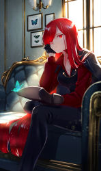 Rule 34 | 1girl, backlighting, black footwear, black gloves, black jacket, black pants, black vest, breasts, bug, butterfly, chain, cleavage, closed mouth, collared shirt, couch, dress shirt, fate/grand order, fate (series), gloves, hair over one eye, highres, insect, itsumi mita, jacket, jacket on shoulders, koha-ace, large breasts, long hair, long sleeves, looking at viewer, oda nobunaga (fate), oda nobunaga (maou avenger) (fate), pants, red eyes, red hair, red skirt, shirt, sitting, skirt, very long hair, vest, window