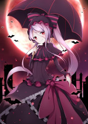 Rule 34 | 1girl, absurdres, bat (animal), black capelet, black dress, black umbrella, bonnet, bow, capelet, choker, cross, dress, fang, fang out, flag, floating hair, frilled dress, frills, full moon, gothic lolita, hair between eyes, head tilt, highres, holding, holding umbrella, lolita fashion, long hair, long sleeves, looking at viewer, moon, over shoulder, overlord (maruyama), pale skin, pink choker, pink ribbon, poinia, purple hair, red eyes, ribbon, ribbon choker, shalltear bloodfallen, smile, solo, striped, striped bow, turtleneck, twintails, umbrella, vampire, very long hair
