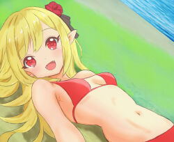 Rule 34 | 1girl, bikini, blonde hair, blush, breasts, cleavage, ecute, fang, flower, hair flower, hair ornament, heinkeluhu, highres, jashin-chan dropkick, long hair, looking at viewer, navel, open mouth, pointy ears, red bikini, red eyes, rose, small breasts, smile, solo, swimsuit