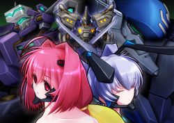 Rule 34 | 2girls, ahoge, closed eyes, dual wielding, fortified suit, hair intakes, highres, hiraken, holding, holding sword, holding weapon, kagami sumika, kaizer (valgern-on), mecha, multiple girls, muv-luv, muv-luv alternative, muv-luv unlimited: the day after, red eyes, red hair, robot, science fiction, silver hair, sword, tactical surface fighter, twintails, type 00 takemikazuchi, type 94 shiranui, valgern-on, visor, weapon, yashiro kasumi