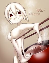 Rule 34 | 1girl, :d, akira (meltyhip), blush, breasts, brown eyes, chopsticks, colored skin, completely nude, food, hair between eyes, highres, in bowl, in container, large breasts, looking at viewer, melting, mini person, minigirl, mochi, monster girl, nude, open mouth, original, short hair, slime girl, smile, solo, twitter username, white skin
