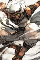 Rule 34 | 1boy, bare shoulders, beard, belt, capcom, facial hair, grin, hungry clicker, jumping, looking at viewer, male focus, monocle, pants, rashid (street fighter), sandals, smile, solo, street fighter, turban, white pants
