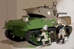 Rule 34 | 10s, 3girls, :d, alisa (girls und panzer), black footwear, black shirt, black shorts, blonde hair, boots, brown jacket, bucket, closed eyes, clothes pull, commentary request, emblem, facing another, girls und panzer, gloves, grey gloves, hair intakes, hand on own hip, holding, holding brush, jacket, jumpsuit, kay (girls und panzer), long hair, long sleeves, m4 sherman, midriff, military, military uniform, military vehicle, motor vehicle, multiple girls, naomi (girls und panzer), navel, open mouth, overalls, paint, paint splatter, paintbrush, painting (action), ree (re-19), saunders military uniform, shadow, shirt, shirt pull, short hair, short twintails, shorts, sitting, smile, squatting, standing, star (symbol), tank, tank top, tied shirt, twintails, uniform, very short hair