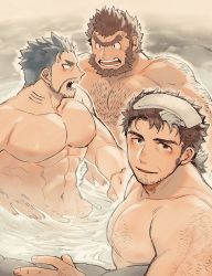 Rule 34 | 3boys, abs, arm hair, bara, beard, blue hair, blush, brown hair, chest hair, completely nude, facial hair, fighting, fins, hozu (hozumi), jinn (housamo), large pectorals, long sideburns, looking at viewer, male focus, mononobe kyoma, multiple boys, muscular, muscular male, navel, nipples, nude, old, old man, onsen, partially submerged, pectorals, short hair, sideburns, steam, stubble, thick eyebrows, tokyo houkago summoners, towel, towel on head, triton (housamo), unibrow, water