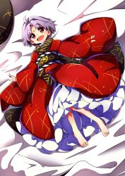 Rule 34 | baba (baba seimaijo), barefoot, bowl, commentary request, frills, highres, japanese clothes, kimono, long sleeves, lying, obi, on back, open mouth, purple hair, red eyes, sash, short hair, solo, sukuna shinmyoumaru, touhou, wide sleeves