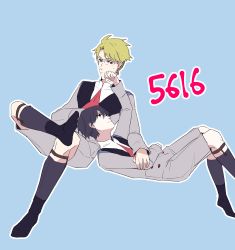 Rule 34 | 10s, 2boys, absurdres, bad id, bad pixiv id, black hair, blonde hair, crossed legs, darling in the franxx, glasses, gorou (darling in the franxx), highres, hiro (darling in the franxx), long sleeves, looking at another, lying, lying on person, male focus, military, military uniform, multiple boys, necktie, no shoes, on back, on stomach, red neckwear, short hair, socks, uniform