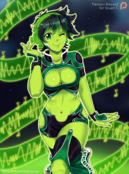 Rule 34 | 1girl, ame-comi, blind, cleavage cutout, clothing cutout, colored skin, dc comics, fingerless gloves, flying, gloves, green eyes, green lantern, green lantern (series), green skin, headphones, hip vent, jade (dc), midriff, musical note, short hair, shorts, solo, wink