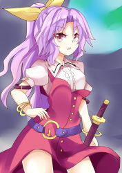 Rule 34 | &gt;:o, 1girl, :o, bow, bracelet, cowboy shot, dress, earth (planet), hair bow, hand on own hip, jewelry, katana, keyaki chimaki, long hair, looking at viewer, parted lips, ponytail, puffy short sleeves, puffy sleeves, purple dress, purple hair, red eyes, sheath, sheathed, short sleeves, solo, strap slip, sword, touhou, v-shaped eyebrows, watatsuki no yorihime, weapon, yellow bow