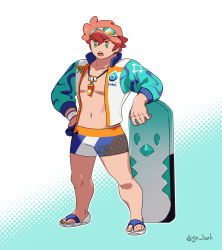 Rule 34 | 1boy, alternate costume, bike shorts, character print, commentary, creatures (company), eiscue, eiscue (ice), freckles, full body, game freak, gen 8 pokemon, go-lurk, goggles, goggles on head, green eyes, gym leader, jacket, knees, legs apart, male focus, milo (pokemon), navel, nintendo, open clothes, open jacket, open mouth, pink hair, pokemon, pokemon swsh, sandals, solo, standing, teeth, toes, tongue, upper teeth only, whistle, whistle around neck