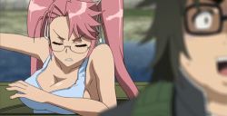 Rule 34 | 1boy, 1girl, animated, animated gif, bouncing breasts, breasts, brown eyes, cleavage, glasses, highschool of the dead, hirano kouta (hsotd), large breasts, long hair, lowres, no bra, pink hair, takagi saya, twintails