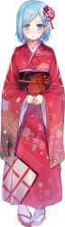 Rule 34 | 1girl, artwhirl mahou gakuen no otome-tachi, blue eyes, blue hair, blush, closed mouth, floral print, full body, hakuishi aoi, japanese clothes, kimono, long sleeves, looking at viewer, parted bangs, print kimono, red kimono, short hair, solo, standing, tabi, transparent background, white footwear, wide sleeves, wisteria (artwhirl), yukata