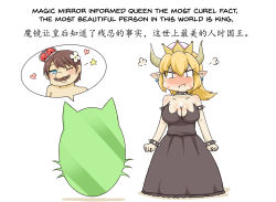 Rule 34 | 1girl, :t, bad id, bad pixiv id, black dress, blonde hair, blue eyes, blush, bowsette, breasts, brown hair, chinese text, cleavage, comic, crown, dress, earrings, english text, engrish text, fang, fang out, greenteaneko, greenteaneko-chan, heart, highres, jealous, jewelry, large breasts, mario, mario (series), mirror, new super mario bros. u deluxe, nintendo, one eye closed, pointy ears, pout, ranguage, simple background, simplified chinese text, sparkle, standing, super crown, white background