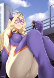 Rule 34 | 1girl, absurdres, ass, blonde hair, bodysuit, boku no hero academia, breasts, building, domino mask, eye mask, giant, giantess, gloves, highres, horns, kamui woods, knees up, large breasts, long hair, mask, mount lady, multicolored bodysuit, multicolored clothes, purple eyes, purple horns, purple mask, sitting, skin tight, smile, solo focus, stayaliveplz, superhero costume, tall female, thighs