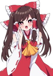 Rule 34 | 1girl, alternate hairstyle, ascot, blush, bow, brown hair, commentary request, detached sleeves, hair bow, hair tubes, hakurei reimu, highres, looking at viewer, open mouth, red bow, red eyes, simple background, solo, touhou, tsukimirin, twintails, white background, yellow ascot