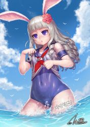 Rule 34 | 1girl, animal ears, artist name, bad id, bad pixiv id, bird, blue sky, blunt bangs, clothes lift, cloud, contrapposto, covered navel, cowboy shot, day, drill hair, elin, eyelashes, flower, from below, gonster, grey hair, hair flower, hair ornament, korean text, long hair, looking at viewer, makeup, mascara, md5 mismatch, neckerchief, old school swimsuit, one-piece swimsuit, outdoors, purple eyes, pursed lips, rabbit ears, resolution mismatch, revision, ringlets, school swimsuit, school uniform, serafuku, shiny clothes, shirt, shirt lift, short sleeves, signature, sky, solo, splashing, standing, swimsuit, swimsuit under clothes, tera online, wading, water, water drop, wet, wet clothes, white shirt