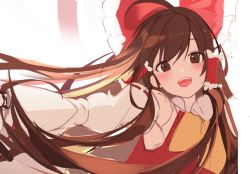 Rule 34 | 1girl, arm at side, blush, bow, brown eyes, brown hair, buri (retty9349), commentary request, detached sleeves, floating hair, frilled bow, frills, hair bow, hair tubes, hakurei reimu, long hair, looking at viewer, open mouth, outstretched arm, red bow, red ribbon, red shirt, ribbon, ribbon-trimmed sleeves, ribbon trim, shirt, sidelocks, sketch, solo, swept bangs, touhou, upper body, very long hair, yellow neckwear