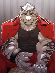 Rule 34 | 2boys, animal ears, arknights, bara, black tank top, bulge, chain, chain necklace, covered abs, facial hair, furry, furry male, furry with furry, highres, implied sex, istani, jacket, jewelry, male focus, mountain (arknights), multiple boys, muscular, muscular male, necklace, official alternate costume, open clothes, open jacket, paid reward available, pants, pectorals, red jacket, scar, scar across eye, scar on face, short hair, sideburns, sitting, sitting on person, spread legs, stubble, tank top, tiger boy, tiger ears, tiger stripes, track jacket, white fur, white pants, yaoi