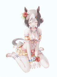 Rule 34 | 1girl, 21 (nijuichinichi), ^ ^, animal ears, arm support, bare shoulders, bead necklace, beads, bikini, bikini skirt, blush, bow, bracelet, breasts, bridal garter, brown hair, cleavage, closed eyes, commentary request, detached sleeves, feet, flower, frilled bikini, frilled sleeves, frills, front-tie bikini top, front-tie top, full body, hair between eyes, hair flower, hair ornament, hairclip, halterneck, hibiscus, horse ears, horse girl, horse tail, jewelry, leaf, medium breasts, miniskirt, multicolored hair, nail polish, navel, necklace, official alternate costume, one side up, open mouth, orange bikini, orange nails, orange skirt, orange sleeves, pink bow, plaid, plaid bikini, plaid skirt, plaid sleeves, pleated skirt, raised eyebrows, red flower, sandals, short hair, short sleeves, sidelocks, sitting, skirt, smile, solo, special week (hopping vitamin heart) (umamusume), special week (umamusume), stomach, streaked hair, swimsuit, tail, toenail polish, toenails, toes, two-tone hair, umamusume, wariza, wet, wet hair, white background, white flower, white hair, wrist flower