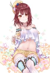 Rule 34 | 1girl, alt (ctrldel), atelier (series), atelier firis, atelier sophie, bare shoulders, blush, breasts, brown eyes, closed mouth, collarbone, detached sleeves, dress, flower, frilled dress, frilled thighhighs, frills, hat, highres, jewelry, medium breasts, navel, necklace, short shorts, shorts, sitting, smile, solo, sophie neuenmuller, thighhighs, wrist cuffs
