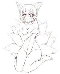 Rule 34 | 1girl, animal ears, bad anatomy, bad feet, barefoot, blush, breast hold, breasts, completely nude, covering privates, embarrassed, feet, female focus, fox ears, fox tail, greyscale, medium breasts, monochrome, multiple tails, nipple slip, nipples, nude, open mouth, poorly drawn, short hair, sin-go, sitting, sketch, solo, tail, tears, touhou, wariza, yakumo ran