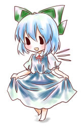 Rule 34 | 1girl, bad id, bad pixiv id, blue dress, blue hair, blush, bow, chibi, cirno, clothes lift, curtsey, dress, dress lift, female focus, full body, hair bow, kuromame (8gou), smile, solo, touhou, white background, wings