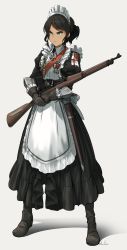Rule 34 | 1girl, apron, asterisk kome, blue eyes, bolt action, boots, dark-skinned female, dark skin, dress, emblem, frills, gloves, grey background, gun, highres, holding, holding gun, holding weapon, long sleeves, m1903 springfield, maid, maid apron, maid headdress, medal, original, puffy sleeves, rifle, scope, sheath, sheathed, sniper rifle, solo, standing, sword, weapon