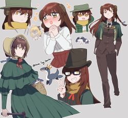 Rule 34 | 1girl, absurdres, breasts, brown hair, brown skirt, brown suit, capelet, chibi, dog, dress, fate/grand order, fate (series), formal, glasses, green capelet, green dress, green headwear, grin, hair ornament, hat, highres, house tag denim, long braid, long hair, long sleeves, looking at viewer, mary anning (fate), medium breasts, multiple views, plesiosaur, riyo (lyomsnpmp) (style), scarf, shirt, skirt, smile, sparkle, sparkling eyes, suit, v, white shirt, yellow eyes, yellow scarf