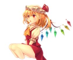 Rule 34 | 1girl, ascot, blonde hair, cropped legs, d:, d:&lt;, dress, flandre scarlet, hat, hat ribbon, mob cap, oimo (imoyoukan), open mouth, puffy short sleeves, puffy sleeves, red dress, red eyes, ribbon, shirt, short sleeves, sitting, solo, thighs, touhou, v-shaped eyebrows, v arms, wings