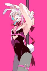 Rule 34 | 1boy, animal ears, armpit crease, arms up, black leotard, blue eyes, blue hair, blush, bow, bowtie, crossdressing, detached collar, gavis bettel, grey hair, heterochromia, highres, holding, holding pole, holostars, holostars english, leotard, looking at viewer, lynnear, male focus, male playboy bunny, multicolored hair, o-ring, o-ring thigh strap, open mouth, pink background, pink eyes, pink hair, pole, pole dancing, rabbit boy, rabbit ears, rabbit hole (vocaloid), rabbit tail, red bow, red bowtie, sketch, solo, standing, sweat, tail, thigh strap, virtual youtuber