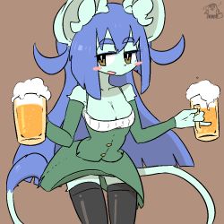 Rule 34 | 1girl, alcohol, beer, blue hair, breasts, cat, cleavage, female focus, furry, furry female, long hair, looking at viewer, open mouth, simple background, solo, the amboina, yellow eyes